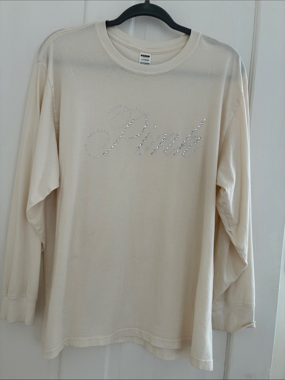 PINK Victoria's Secret Cream Long Sleeve Tee with Rhinestone Logo